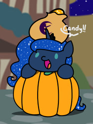 Size: 1350x1800 | Tagged: safe, artist:flutterluv, princess luna, alicorn, pony, g4, bag, chibi, cute, female, halloween, holiday, lunabetes, mare, nightmare night, open mouth, open smile, pumpkin, smiling, solo