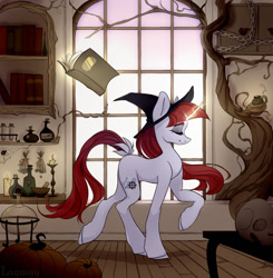 Size: 1280x1307 | Tagged: safe, artist:laymy, oc, oc only, pony, unicorn, book, bookshelf, bottle, candle, female, hat, solo, test tube, tree, window, witch hat