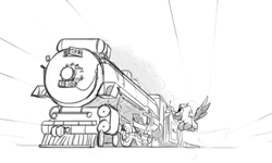 Size: 1280x768 | Tagged: safe, artist:captainhoers, oc, oc only, pegasus, pony, flying, grayscale, locomotive, monochrome, simple background, solo focus, train, white background