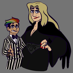 Size: 879x877 | Tagged: safe, artist:tezzbot, applejack, rainbow dash, human, g4, breasts, cigar, cleavage, clothes, costume, crossdressing, female, gomez addams, gray background, halloween, halloween costume, hand on hip, height difference, humanized, lesbian, morticia addams, ship:appledash, shipping, simple background, the addams family