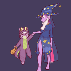 Size: 3048x3048 | Tagged: safe, artist:scribleydoodles, spike, twilight sparkle, dragon, unicorn, anthro, unguligrade anthro, g4, luna eclipsed, blue background, clothes, cosplay, costume, dragon costume, dragonception, duo, eyes closed, fake beard, female, halloween, high res, holding hands, holiday, male, nightmare night costume, purple background, simple background, star swirl the bearded costume, twilight the bearded, unicorn twilight