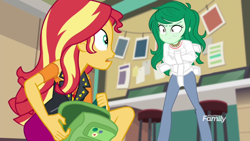 Size: 1920x1080 | Tagged: safe, edit, edited screencap, screencap, sunset shimmer, wallflower blush, equestria girls, equestria girls series, forgotten friendship, g4, angry, backpack, bondage, desk, discovery family logo, duo, eye contact, female, freckles, looking at each other, photos, straitjacket, surprised