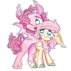 Size: 1200x1200 | Tagged: safe, artist:xbash-pepsi, fluttershy, pinkie pie, bat pony, pony, g4, alternate design, bat ponified, bat wings, colored hooves, fangs, female, floppy ears, flutterbat, heart eyes, hug, lesbian, looking at someone, looking at you, mare, missing cutie mark, one eye closed, open mouth, open smile, outline, pinkiebat, race swap, ship:flutterpie, shipping, simple background, smiling, spread wings, standing, standing on one leg, transparent background, unshorn fetlocks, wingding eyes, wings, wink, winking at you