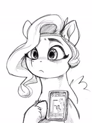 Size: 1536x2048 | Tagged: safe, artist:dimfann, pipp petals, pegasus, pony, g5, my little pony: a new generation, adorapipp, bust, cellphone, cute, female, grayscale, height supremacy, hoof hold, looking at someone, mare, marelet, monochrome, pencil drawing, phone, pipp is short, sad, sadorable, showing, simple background, solo, three quarter view, traditional art, unshorn fetlocks, white background