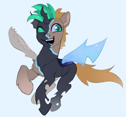 Size: 1394x1292 | Tagged: safe, artist:draw3, oc, oc only, oc:shifting sands, changeling, pegasus, pony, changeling oc, green changeling, grin, male, mid-transformation, simple background, smiling, solo, white background