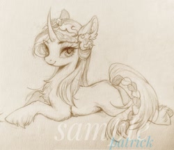 Size: 2048x1771 | Tagged: safe, artist:paipaishuaige, oc, oc only, pony, unicorn, chest fluff, curved horn, female, flower, flower in hair, horn, looking at you, lying down, monochrome, prone, sketch, smiling, solo, traditional art, unshorn fetlocks