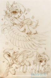 Size: 1448x2227 | Tagged: safe, artist:paipaishuaige, oc, oc only, pegasus, pony, :p, chest fluff, female, flower, flower in hair, looking at you, smiling, solo, spread wings, tongue out, traditional art, unshorn fetlocks, wings
