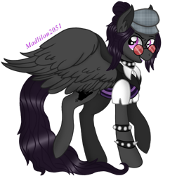 Size: 698x720 | Tagged: safe, artist:madlilon2051, oc, oc only, pegasus, pony, clothes, ear fluff, hat, pegasus oc, simple background, smiling, solo, spiked wristband, sunglasses, transparent background, wings, wristband