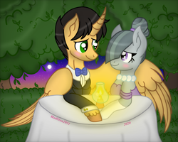 Size: 878x701 | Tagged: safe, artist:madlilon2051, marble pie, oc, alicorn, earth pony, pony, g4, alicorn oc, bowtie, canon x oc, clothes, evening gloves, eyelashes, female, full moon, gloves, horn, hug, jewelry, long gloves, male, mare, moon, necklace, outdoors, pearl necklace, smiling, stallion, straight, suit, twilight (astronomy), unshorn fetlocks, winghug, wings