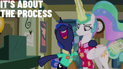 Size: 1280x720 | Tagged: safe, edit, edited screencap, editor:quoterific, screencap, princess celestia, princess luna, alicorn, pony, between dark and dawn, g4, season 9, bipedal, clothes, female, magic, mare, nose in the air, open mouth, open smile, post office, shirt, smiling, telekinesis, that pony sure does love the post office, that princess sure does hate the post office, uvula, volumetric mouth