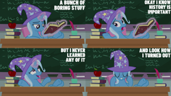 Size: 1280x720 | Tagged: safe, edit, edited screencap, editor:quoterific, screencap, trixie, pony, unicorn, a horse shoe-in, g4, season 9, apple, book, chalkboard, clothes, eyes closed, female, food, grin, hat, magic, mare, smiling, solo, telekinesis, trixie's hat
