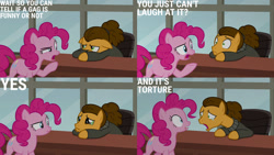 Size: 1280x720 | Tagged: safe, edit, edited screencap, editor:quoterific, screencap, cheese sandwich, pinkie pie, earth pony, pony, g4, season 9, the last laugh, clothes, crying, female, floppy ears, jacket, male, mare, open mouth, stallion