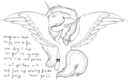 Size: 2035x1266 | Tagged: safe, artist:beamybutt, oc, oc only, oc:moonbeam, alicorn, pony, alicorn oc, ear fluff, female, horn, lineart, mare, monochrome, spiked wristband, spread wings, wings, wristband