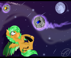 Size: 1834x1500 | Tagged: safe, artist:herusann, oc, pegasus, pony, colored wings, female, mare in the moon, moon, pegasus oc, personality core, portal (valve), space, space core, stars, two toned wings, wheatley, wings