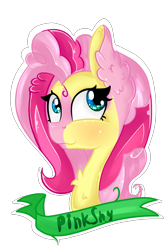 Size: 998x1500 | Tagged: safe, artist:herusann, fluttershy, pinkie pie, earth pony, pony, g4, bust, chest fluff, ear fluff, eyelashes, female, fusion, simple background, smiling, solo, transparent background