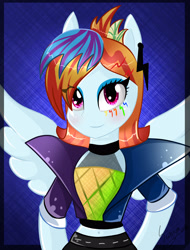 Size: 2000x2626 | Tagged: safe, artist:herusann, rainbow dash, equestria girls, g4, abstract background, alternate hairstyle, clothes, eyelashes, female, high res, ponied up, smiling, spread wings, wings