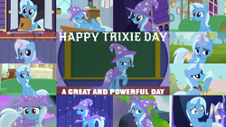 Size: 1280x721 | Tagged: safe, edit, edited screencap, editor:quoterific, screencap, trixie, pony, unicorn, a horse shoe-in, a matter of principals, all bottled up, boast busters, g4, magic duel, no second prances, road to friendship, season 1, season 3, season 6, season 7, season 8, season 9, student counsel, to change a changeling, to where and back again, alicorn amulet, cape, clothes, collage, cute, diatrixes, evil trixie, female, grin, hat, magic, mare, mouth hold, night, one eye closed, open mouth, open smile, school of friendship, smiling, solo, telekinesis, trixie day, trixie's cape, trixie's hat, trixie's wagon, twilight's castle, wagon, wink