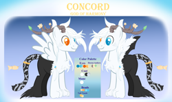 Size: 11906x7087 | Tagged: safe, artist:cinnamontoast-owo, oc, oc only, oc:concord, draconequus, draconequus oc, duo, heterochromia, male, reference sheet, smiling