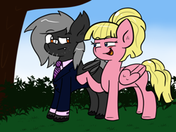 Size: 800x600 | Tagged: safe, artist:tranzmuteproductions, oc, oc only, oc:sweetie bloom, oc:tranzmute, bat pony, pegasus, pony, bandaid, bandaid on nose, bat pony oc, bat wings, clothes, female, male, necktie, outdoors, pegasus oc, raised hoof, smiling, suit, wings