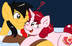 Size: 1024x661 | Tagged: safe, artist:tranzmuteproductions, oc, oc only, oc:jess, earth pony, pony, unicorn, arm behind head, blushing, earth pony oc, eye clipping through hair, eyebrows, eyebrows visible through hair, female, horn, looking at each other, male, mare, necktie, oc x oc, one eye closed, open mouth, open smile, shipping, smiling, smiling at each other, stallion, straight, unicorn oc, wink