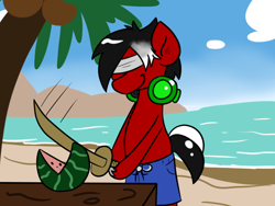 Size: 1024x768 | Tagged: safe, artist:tranzmuteproductions, oc, oc only, earth pony, pony, beach, blindfold, clothes, coconut, earth pony oc, food, headphones, hoof hold, outdoors, palm tree, shorts, smiling, solo, tree, watermelon