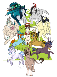 Size: 1200x1623 | Tagged: safe, artist:royvdhel-art, oc, oc only, oc:rj, cow plant pony, earth pony, monster pony, original species, pegasus, plant pony, pony, unicorn, antlers, augmented, augmented tail, christmas, earth pony oc, female, hat, holiday, horn, male, mare, pegasus oc, plant, red nose, santa hat, simple background, smiling, stallion, tail, transparent background, unicorn oc, wings