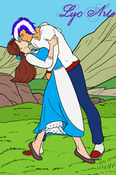 Size: 1391x2094 | Tagged: safe, alternate version, artist:linedraweer, oc, oc:carlos, oc:lightning burn, human, equestria girls, g4, beauty and the beast, belle, canon x oc, commission, disney, disney princess, female, happy, humanized, kissing, male, straight