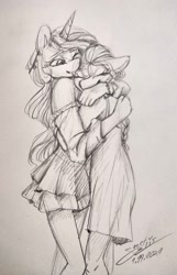 Size: 824x1280 | Tagged: safe, artist:elisdoominika, izzy moonbow, sunny starscout, earth pony, unicorn, anthro, g5, my little pony: a new generation, clothes, cuddling, drawing, dress, duo, eyes closed, female, hug, lesbian, looking at each other, one eye closed, pencil drawing, ship:moonscout, shipping, smiling, smiling at each other, traditional art, wink