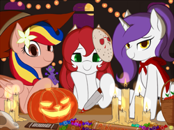 Size: 1615x1200 | Tagged: safe, artist:lemon, oc, oc:lemon scent, oc:palette swap, oc:pearl shine, earth pony, pegasus, pony, unicorn, apple, blood, candies, candle, cape, chocolate, clothes, dagger, female, food, halloween, hat, hockey mask, holiday, jack-o-lantern, jason voorhees, little red riding hood, mask, moon, nation ponies, philippines, pumpkin, skull, trio, voodoo doll, weapon, witch, wizard hat