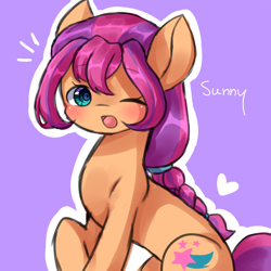 Size: 1000x1000 | Tagged: safe, artist:dddreamdraw, sunny starscout, earth pony, pony, g5, my little pony: a new generation, cute, female, one eye closed, open mouth, pink background, simple background, solo, sunnybetes