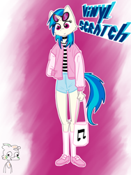 Size: 1200x1600 | Tagged: safe, artist:tastimelon, dj pon-3, vinyl scratch, anthro, plantigrade anthro, g4, clothes, female, glasses, handbag, jacket, music notes, shirt, shoes, socks, solo, varsity jacket