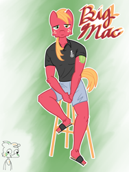 Size: 1200x1600 | Tagged: safe, artist:tastimelon, big macintosh, earth pony, anthro, plantigrade anthro, g4, clothes, eye clipping through hair, hair over one eye, looking at you, male, polo shirt, sandals, shorts, sitting, solo, tight clothing