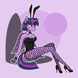 Size: 1280x1280 | Tagged: safe, artist:tastimelon, twilight sparkle, alicorn, anthro, g4, alternate hairstyle, breasts, bunny ears, bunny suit, busty twilight sparkle, cleavage, clothes, cuffs (clothes), female, fishnet pantyhose, fishnet stockings, high heels, leotard, purple background, shoes, short mane, simple background, sitting, solo, twilight sparkle (alicorn)