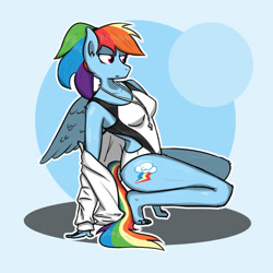 Size: 1280x1280 | Tagged: safe, artist:tastimelon, rainbow dash, anthro, plantigrade anthro, g4, blue background, clothes, female, one-piece swimsuit, open jacket, open-back swimsuit, ponytail, simple background, solo, squatting, swimsuit, whistle, whistle necklace