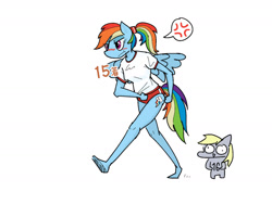 Size: 1280x960 | Tagged: safe, artist:tastimelon, derpy hooves, rainbow dash, anthro, plantigrade anthro, g4, clothes, female, ponytail, rainbow dash is not amused, shirt, simple background, t-shirt, unamused, white background