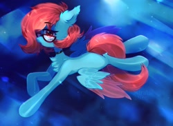 Size: 2000x1462 | Tagged: safe, artist:astralblues, oc, oc only, pegasus, pony, choker, colored wings, ear fluff, female, flying, glasses, looking at you, mare, night, solo, two toned wings, wings