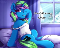 Size: 2000x1600 | Tagged: safe, artist:shadowreindeer, oc, oc only, oc:shimo, pony, unicorn, bed, clothes, commission, female, good morning, morning, morning ponies, shirt, solo, waking up, ych result