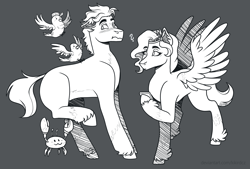 Size: 3400x2300 | Tagged: safe, artist:monnarcha, hitch trailblazer, kenneth, pipp petals, steven, bird, crab, earth pony, pegasus, pony, seagull, g5, my little pony: a new generation, black and white, blushing, can, commission, critter magnet, female, grayscale, high res, male, mare, markings, missing cutie mark, monochrome, question mark, ship:pitch, shipper on deck, shipping, shy, simple background, sketch, stallion, straight, unshorn fetlocks