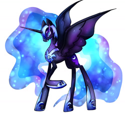 Size: 1600x1455 | Tagged: safe, artist:shir124365, nightmare moon, alicorn, pony, g4, blue eyes, blue mane, blue tail, colored pupils, concave belly, eyelashes, female, flowing mane, flowing tail, helmet, hoof shoes, horn, long legs, looking at you, peytral, princess shoes, raised hoof, simple background, slim, solo, spread wings, tail, tall, teeth, thin, white background, wings