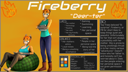 Size: 3840x2160 | Tagged: safe, artist:donglysfm, oc, oc:fireberry, deer, anthro, plantigrade anthro, 3d, anthro oc, antlers, barefoot, beanbag chair, book, clothes, daughter, deer oc, feet, female, high res, reference sheet, revamped anthros, source filmmaker, sports bra, tablet, teenager