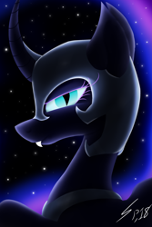 Size: 2000x3000 | Tagged: safe, artist:spyrophantom, nightmare moon, alicorn, pony, g4, blue eyes, blue mane, bust, colored pupils, curved horn, dark, digital art, ethereal mane, eyelashes, eyeshadow, fangs, feather, female, flowing mane, helmet, high res, horn, looking at you, makeup, mare, night, peytral, portrait, signature, solo, spread wings, starry mane, stars, wings