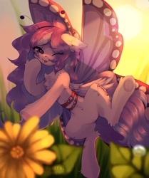 Size: 1504x1802 | Tagged: safe, artist:astralblues, oc, oc only, pegasus, pony, belly button, butterfly wings, chest fluff, clothes, costume, flower, flying, looking at you, one eye closed, solo, underhoof, wings, wink