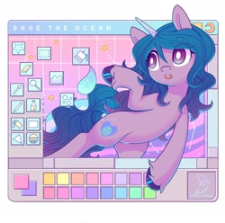 Size: 2480x2460 | Tagged: safe, artist:wavecipher, izzy moonbow, pony, unicorn, g5, my little pony: a new generation, :o, aesthetics, eye clipping through hair, eyebrows, eyebrows visible through hair, female, high res, interface, looking at something, mare, ms paint, open mouth, paint, raised hoof, reaching, save the ocean, solo, unshorn fetlocks, water, webcore, white pupils, ych example, your character here