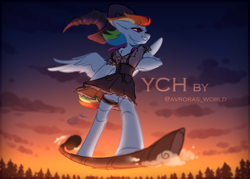 Size: 3500x2500 | Tagged: safe, artist:avroras_world, rainbow dash, pegasus, semi-anthro, g4, arm hooves, broom, clothes, cloud, commission, female, flying, flying broomstick, forest, halloween, hat, high res, holiday, male, mare, solo, stallion, sunset, witch hat, ych example, ych sketch, your character here