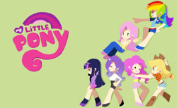 Size: 1024x627 | Tagged: safe, artist:maimai97, applejack, fluttershy, pinkie pie, rainbow dash, rarity, twilight sparkle, human, g4, female, horn, horned humanization, humanized, multicolored hair, my little pony logo, rainbow hair, winged humanization, wings