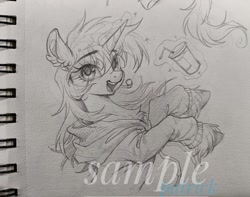 Size: 2195x1734 | Tagged: safe, artist:paipaishuaige, oc, oc only, pony, unicorn, clothes, drink, hoodie, smiling, solo, traditional art, unshorn fetlocks