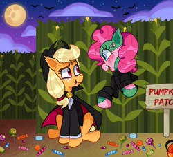 Size: 3200x2900 | Tagged: safe, artist:doomsdaydarling, applejack, pinkie pie, earth pony, pony, g4, candy, clothes, corn, cornfield, costume, female, food, frankenstein's monster, halloween, halloween costume, high res, holiday, vampire costume