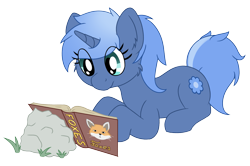 Size: 2573x1710 | Tagged: safe, artist:djdavid98, oc, oc only, oc:double colon, pony, unicorn, book, english, eye clipping through hair, female, grass, lying down, mlp fim's eleventh anniversary, reading, rock, simple background, solo, text, transparent background