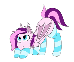 Size: 4494x3769 | Tagged: safe, artist:anglov, oc, oc only, oc:plum taffy, bat pony, pony, ass up, bat wings, clothes, cute, face down ass up, folded wings, male, simple background, socks, solo, stallion, striped socks, tail, wings