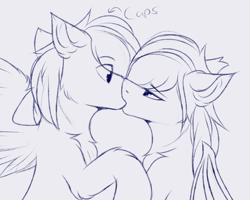 Size: 2000x1600 | Tagged: safe, artist:snowstormbat, oc, oc only, oc:flair, oc:midnight snowstorm, bat pony, pegasus, pony, bat wings, cheek fluff, chest fluff, ear fluff, eye clipping through hair, eyebrows, eyebrows visible through hair, floppy ears, folded wings, gay, hoof fluff, kissing, lidded eyes, male, monochrome, shoulder fluff, simple background, sketch, spread wings, stallion, surprised, white background, wide eyes, wings